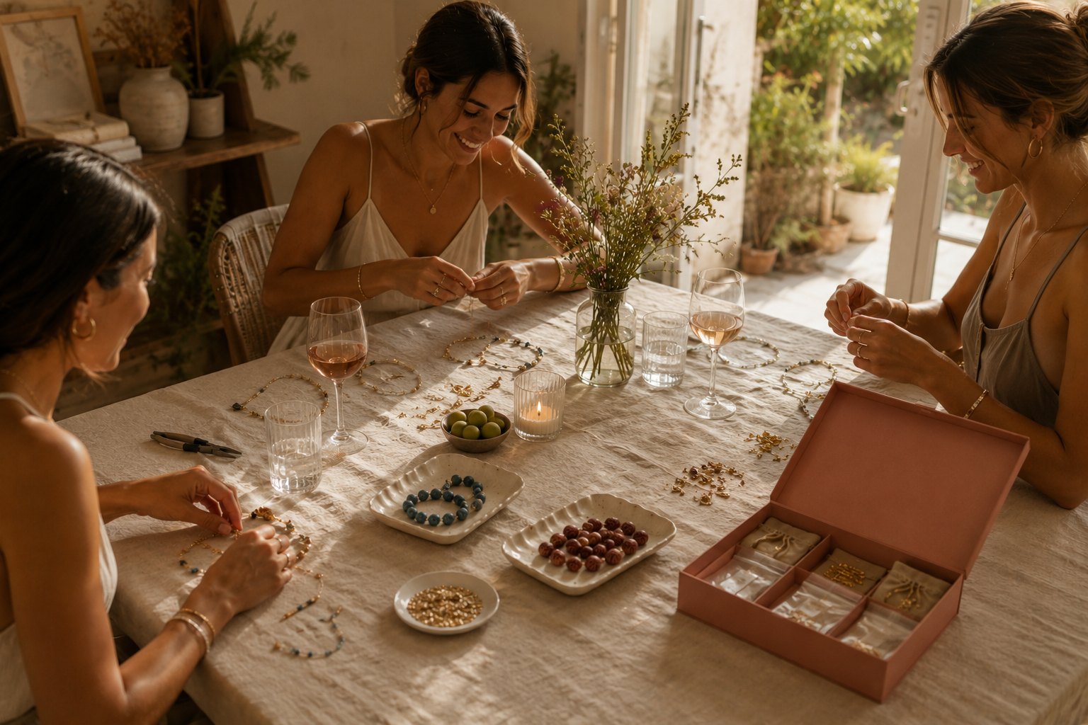 Tres amigas creando joyas alrededor de una mesa con copas de vino